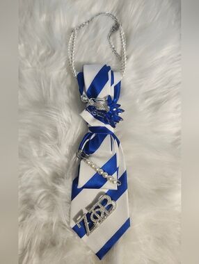 Blue and White Striped Statement Tie Necklace with Rhinestone Accents